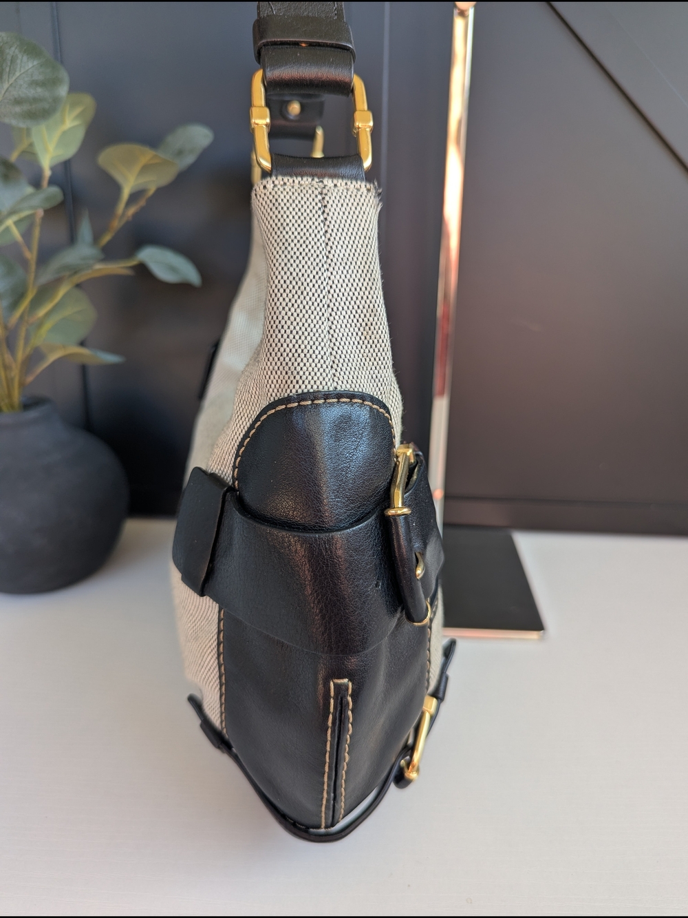 vintage Michael Kors Yacht Club canvas and leather buckle hobo bag. - Picture 5 of 10